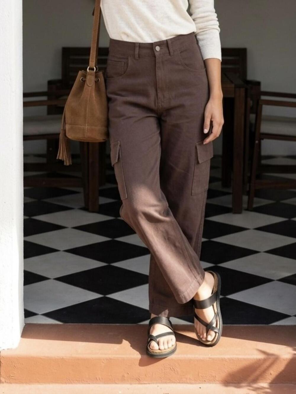 MATE the Label Organic Cotton Canvas Bubble Cargo Pants Size S Brown